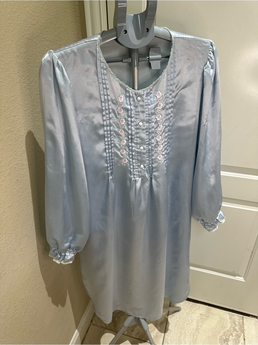 Ashley Taylor Light Blue Satin Nightgown with Pink Floral Trim